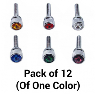 Pack of 12 Long Chrome Kenworth Dash Screws with Colored Jewels - Amber, Blue, Clear, Green, Purple, Red