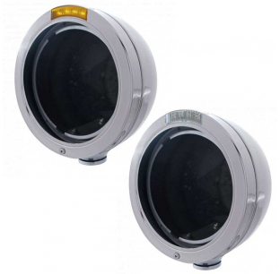 Peterbilt Stainless Steel Classic Bullet Headlight Housing with Bezel, 4 Amber LED Turn Signal Light, Fits Most Models