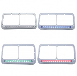Chrome Plastic Dual Headlight Bezel with 14 LED Lights - White, Blue, Green, Red - Off-Road Use Only